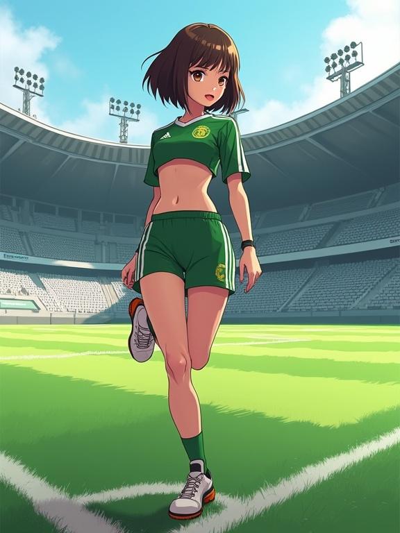 Digital illustration of an anime female character in green soccer outfit. Young woman with bob haircut and brown eyes. Outfit includes cropped jersey and tight shorts. She poses flirtatiously in a soccer stadium. Stadium has tiered grey seats and green grass pitch. Lighting highlights her curves and surroundings.