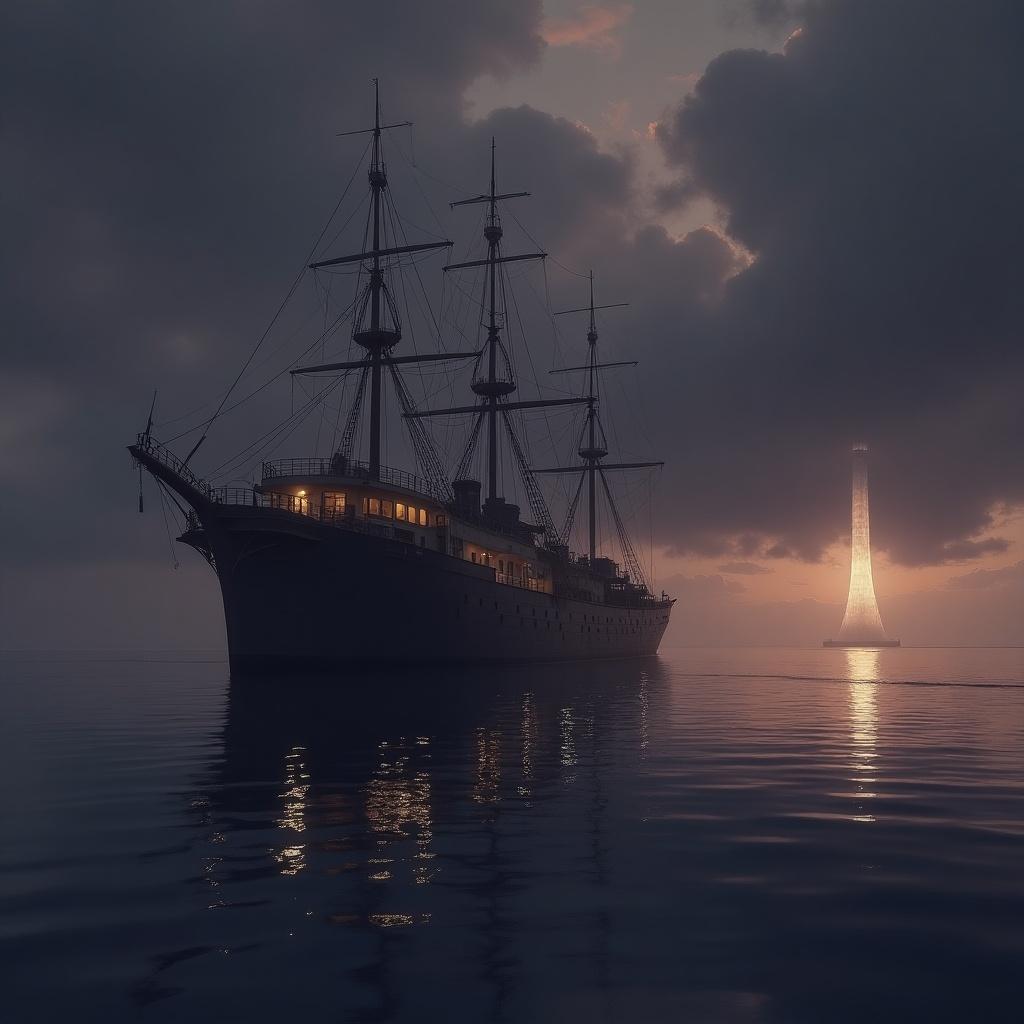 Illustration of a vintage-style ship on calm water under a dark moody sky. Ship illuminated by warm golden light with detailed masts and rigging. The sky is filled with heavy purple and gray clouds. A bright light source in the distance pierces the clouds.