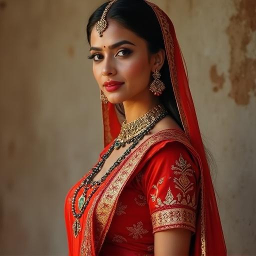Portrait of a woman in traditional Indian attire. Her outfit features intricate designs in red and gold. She has a side profile showcasing soft features. Jewelry accentuates her beauty. The background is rustic and subdued.