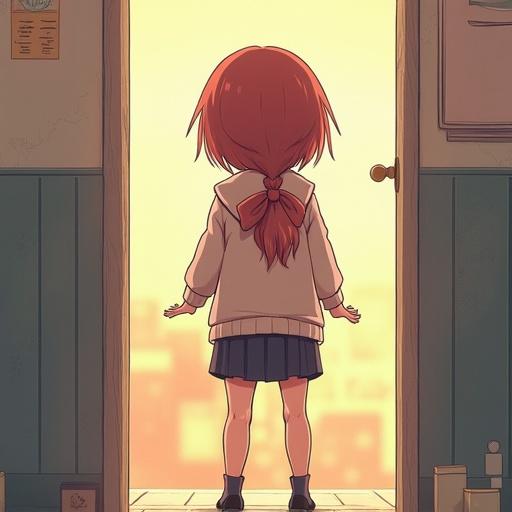 Anime girl standing in front of an open doorway looking outside. The background features warm tones and a cozy ambiance. The character has orange hair with a ponytail and is wearing a sweater and a skirt.