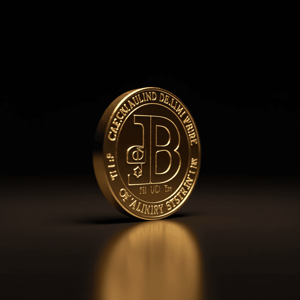 A gold-colored coin with a large 'B' symbol is standing upright on a smooth surface, reflecting light.