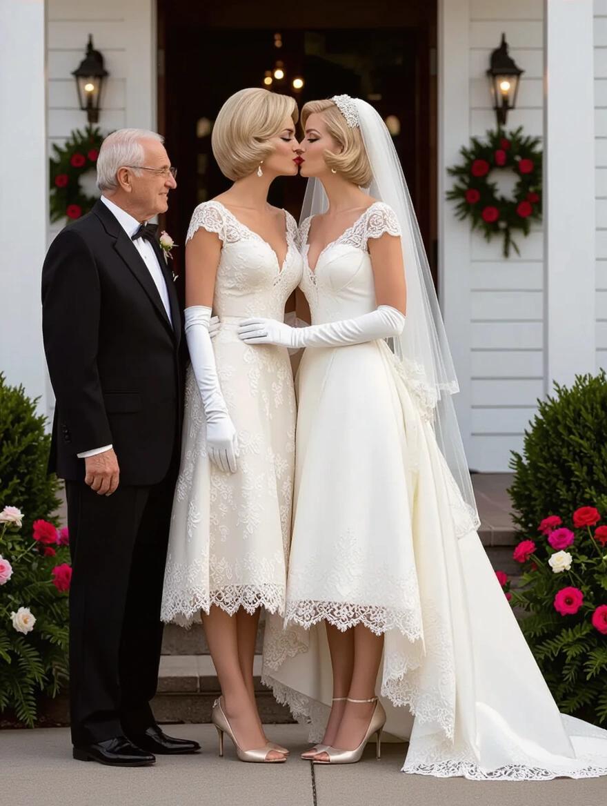 A portrait of two women in wedding dresses and an older man outside a church. One woman is wearing a classic lace wedding dress, white gloves, and veil. The second woman is in an elegant shorter bridal gown. Surrounding floral decorations are evident. The setting is soft and inviting, true to 1960s charm.