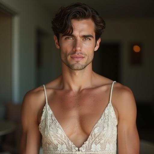 Photo of attractive man with soft eyes and gentle smile. Man wears lace short dress. Composition displays elegance and charm.
