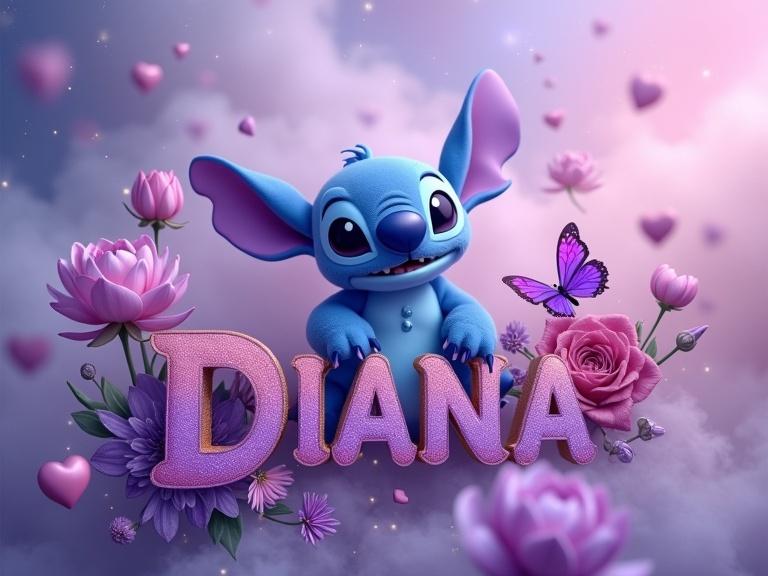 A captivating birthday card design featuring a 3D render of Stitch character amidst a nebula of lavender and pink mist. Surrounded by violet hearts and flowers, with nameplate 'DIANA' in shimmering lettering. Elegant script typography with soft glow background.