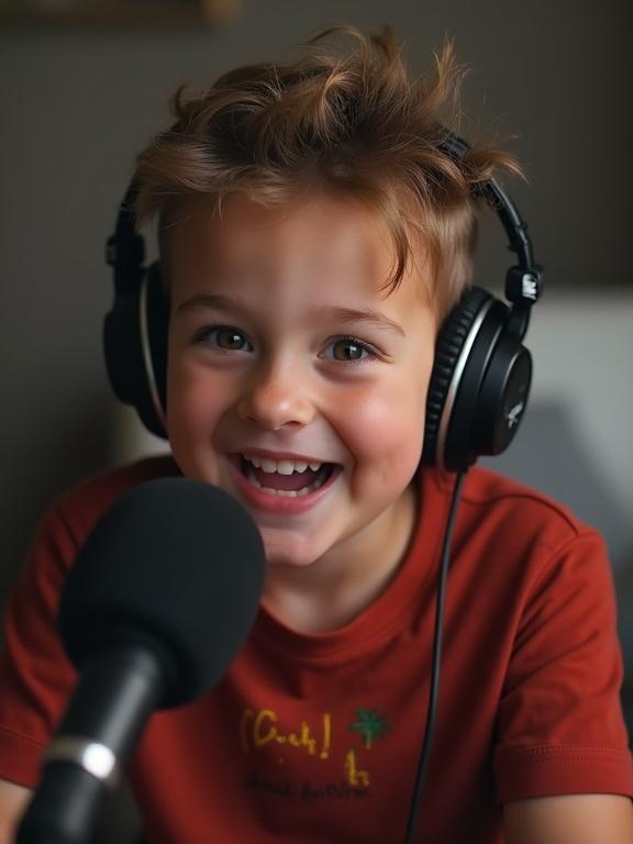 Realistic image of a young boy smiling while wearing headphones. The boy appears joyful and engages with a microphone. The background is simple and modern with a cozy ambiance.