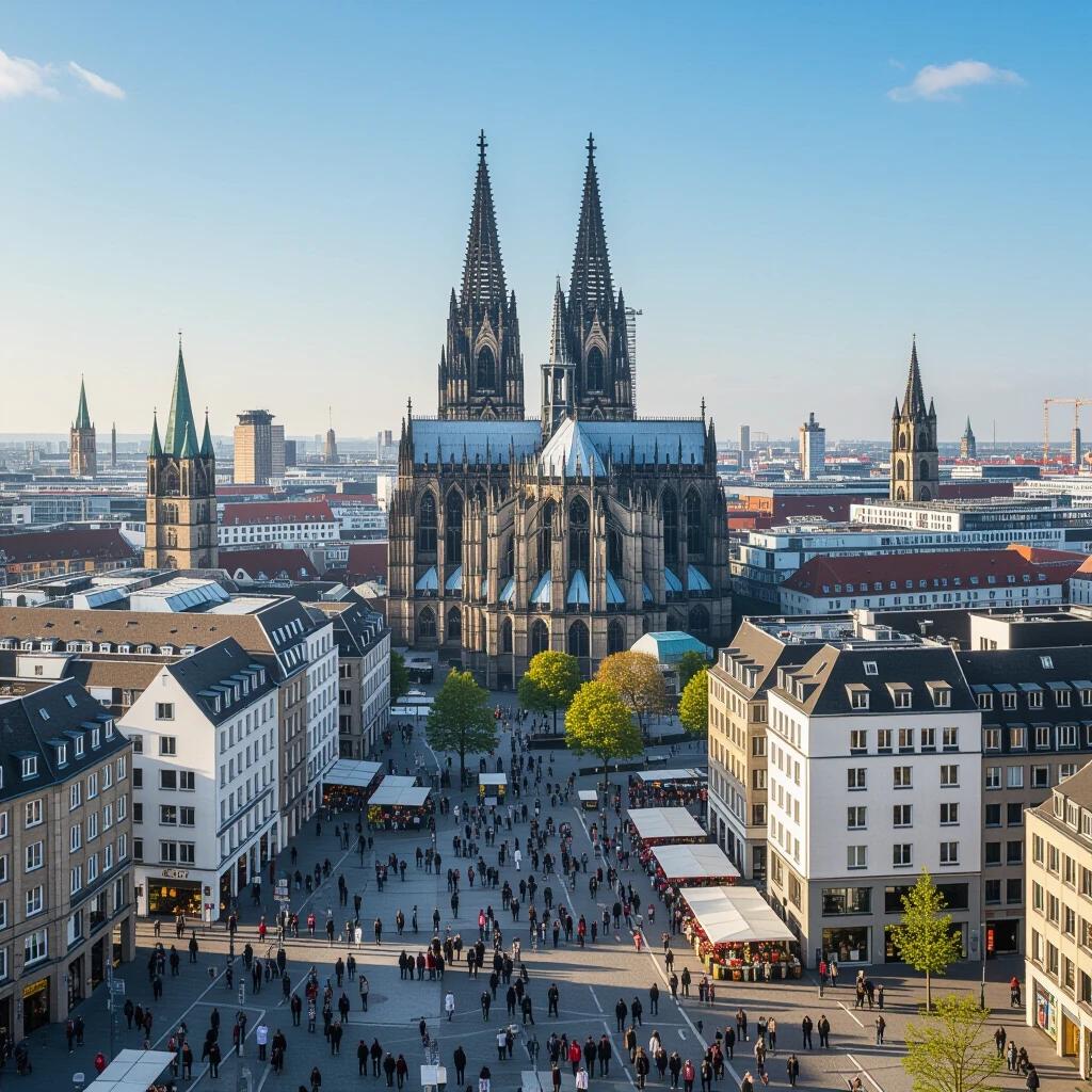 Aerial view of Cologne city showcasing Cologne Cathedral. Crowds of people gather in the city square. Beautiful blue sky and urban architecture visible.