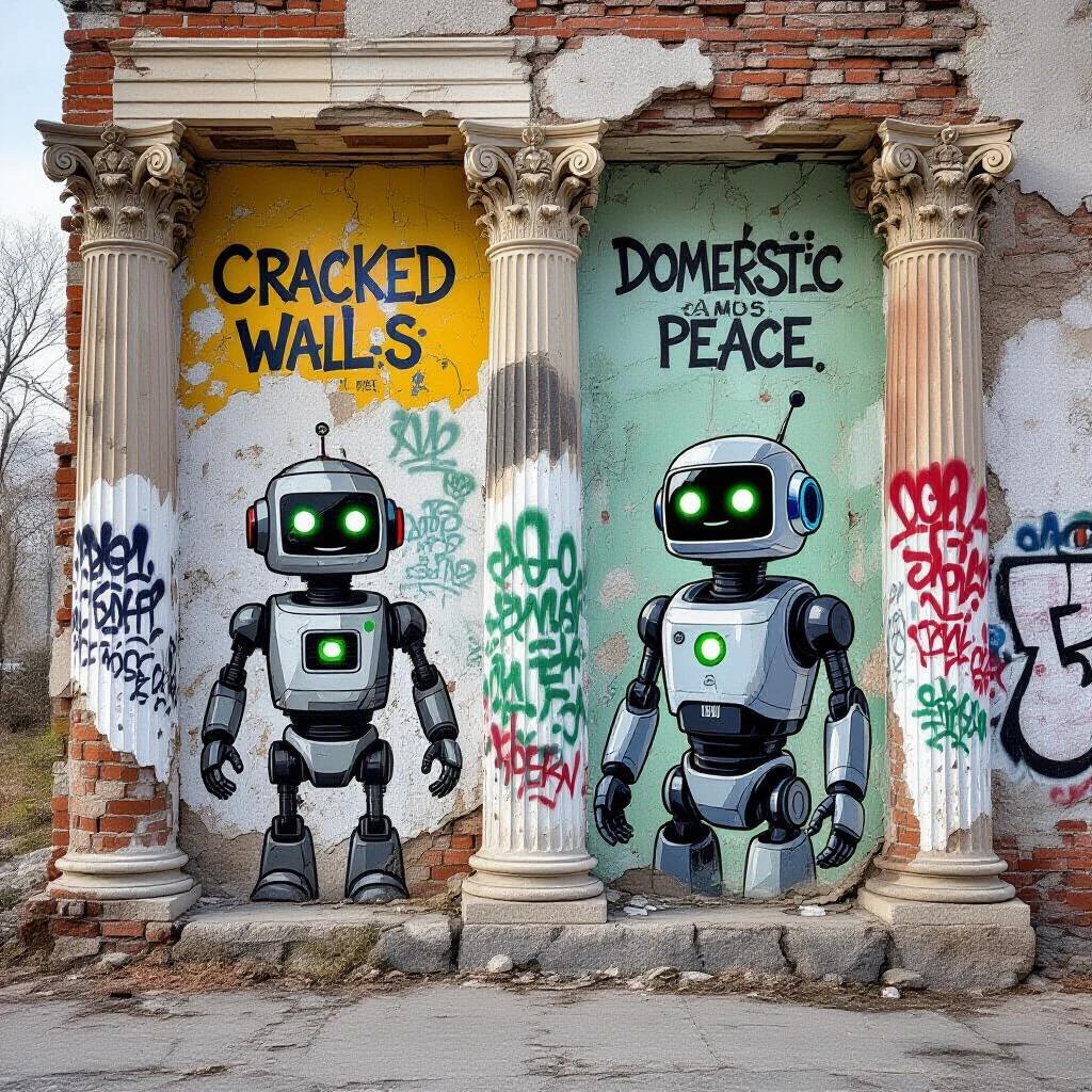 Ruined facade features cracked walls and sturdy columns. Graffiti symbols denote anarchy and peace. On one side, a billboard shows a happy family with a domestic service robot. The robot smiles with bright green eyes and a green button on its chest.
