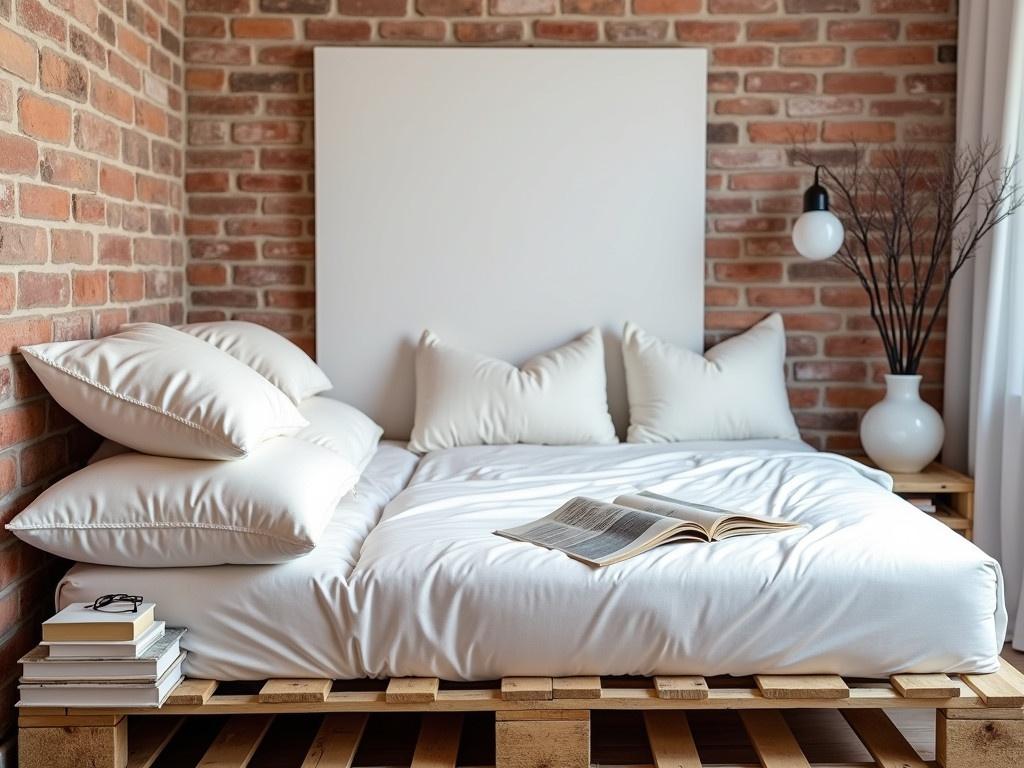 The image depicts a cozy bedroom setting with a minimalist design. The bed is made from wooden pallets, giving it a rustic look, and is topped with a white mattress and multiple fluffy white pillows. A few books are neatly stacked on the side, along with a pair of eyeglasses and an open magazine, indicating a space for relaxation and reading. The wall behind the bed is exposed brick, adding texture and warmth to the room. Above the bed, there is a blank canvas on the wall, inviting personal artwork or decoration. The lighting is soft, and a decorative branch in a vase adds a touch of nature to the decor.