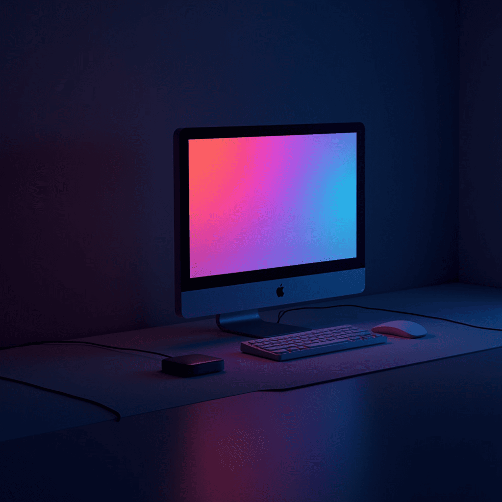 A computer with a colorful screen glows in a dim room, accompanied by a keyboard and mouse.