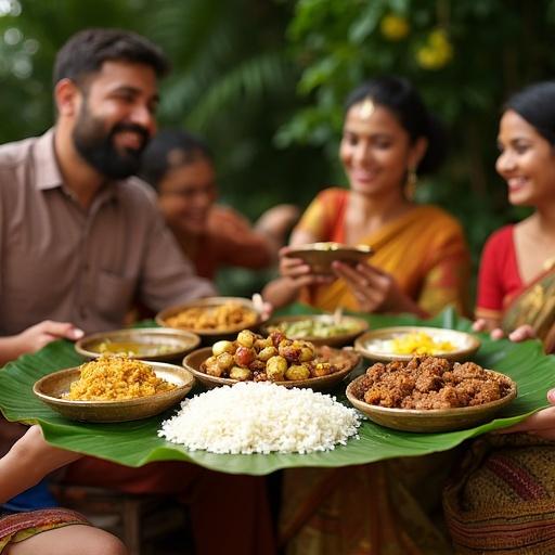 Big banana leaf Indian meal platter shared by a group with joyful expressions