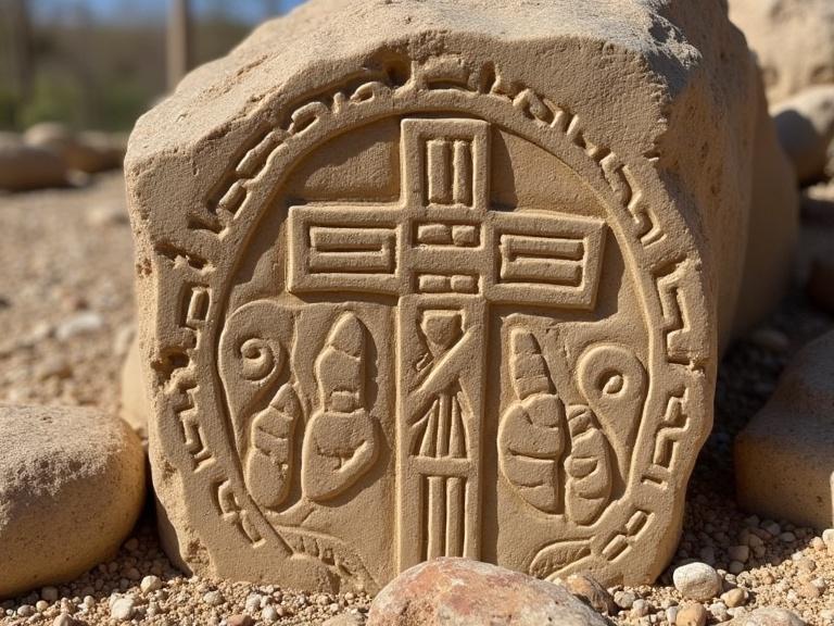 A marble slab engraved with Christian symbols in Latin understood only by initiates. A close-up shows intricate carvings featuring a cross and other symbols.
