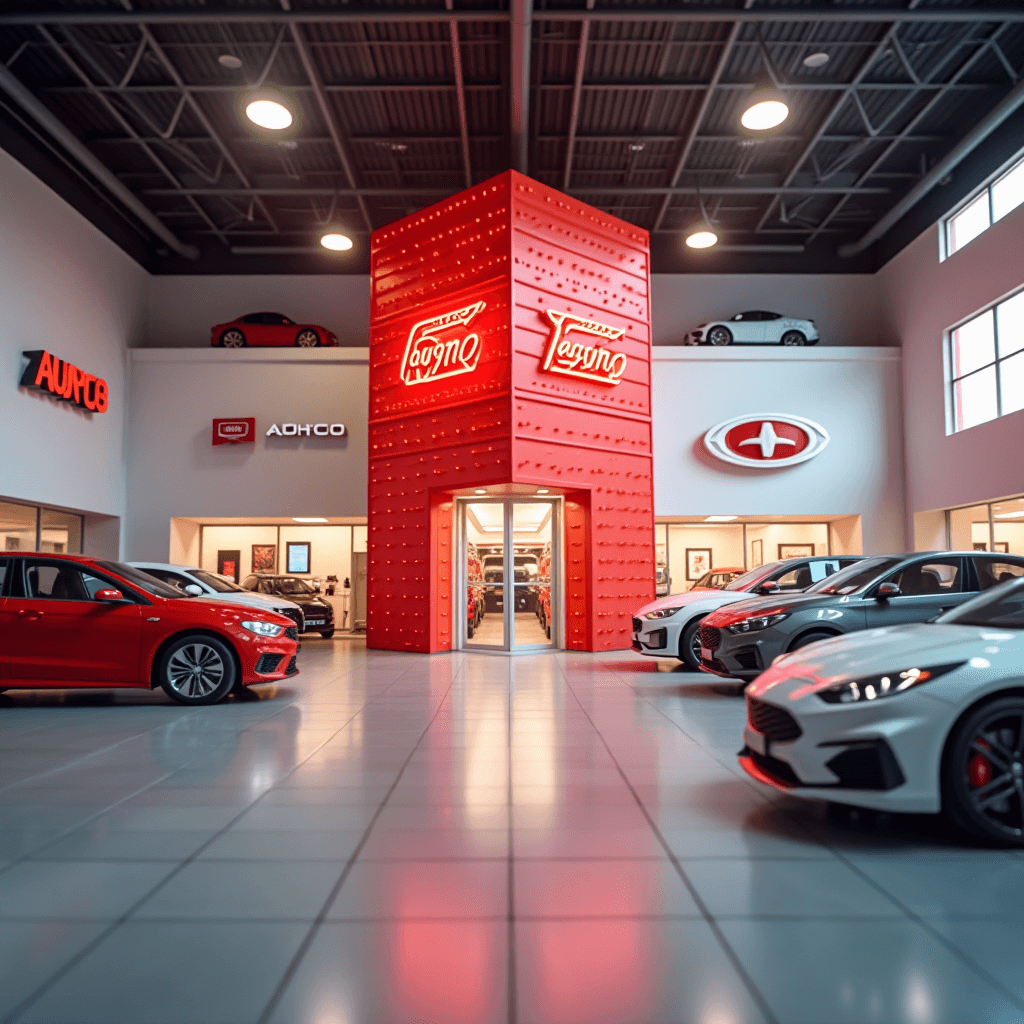 A modern car showroom interior with red and white cars displayed under bright lighting.