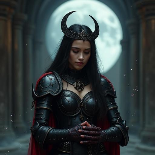A young woman in black and crimson armor wears a crescent moon crown. She stands nervously with bowed head. Her fingers fidget in front of her waist. A gentle face has faint blush and shy smile. Magical particles float in a dark throne room lit by moonlight. Hyper-realistic details.