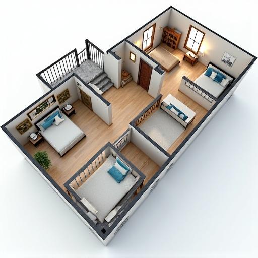 Detailed 3D floor plan of a two-storey building. First floor includes a wide guest room, kitchen, two additional purpose rooms, one bathroom and toilet. Features a modern, duplex staircase. Second floor has four rooms, each with an attached bathroom and toilet.