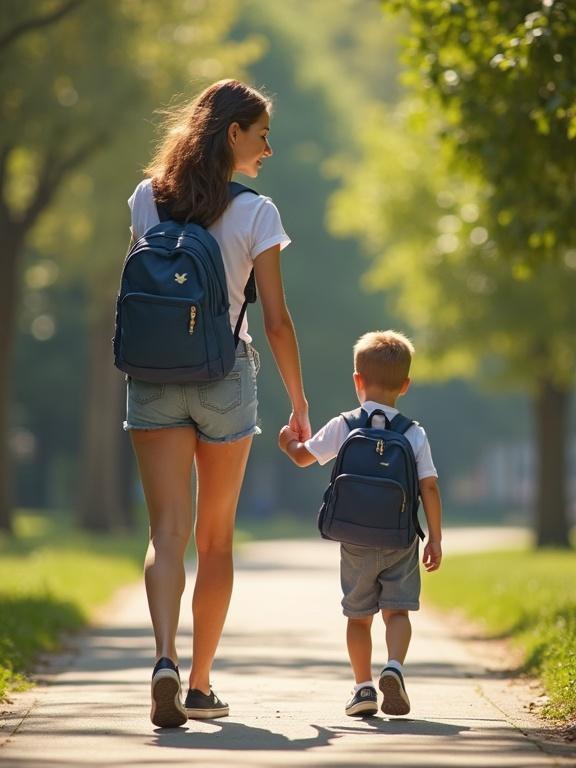 Mother and son enjoying a walk after school. Mother is wearing micro shorts. Both are carrying backpacks. The scene is set in a school environment with greenery.