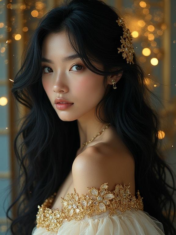 Create a photorealistic portrait of a woman with long black hair. The image should feature deep blues and blacks accented by creamy beige and shimmering gold. Incorporate elegant attire with golden embroidery and jewelry. Use soft lighting for an ethereal feel. The atmosphere should be mystical and atmospheric.