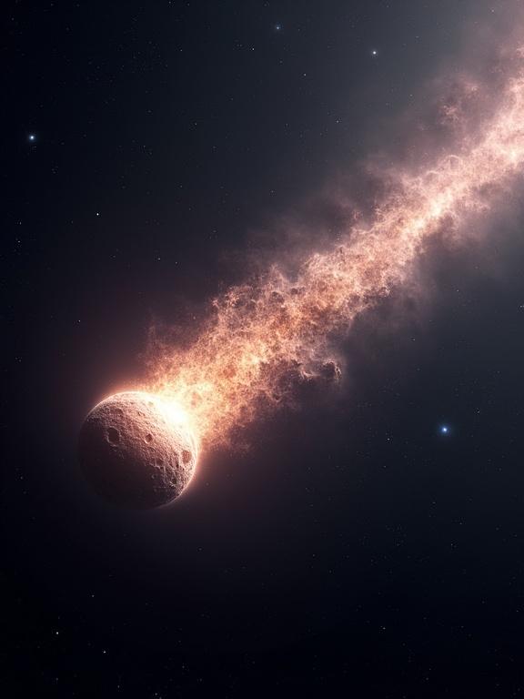 Ultra-realistic image of a comet traveling through deep space. The comet has a glowing icy nucleus and a bright coma. A long detailed tail of dust and gas extends behind it. The background is filled with distant stars and nebula clouds. High-resolution, sharp details, realistic lighting, lens flare, deep black space.