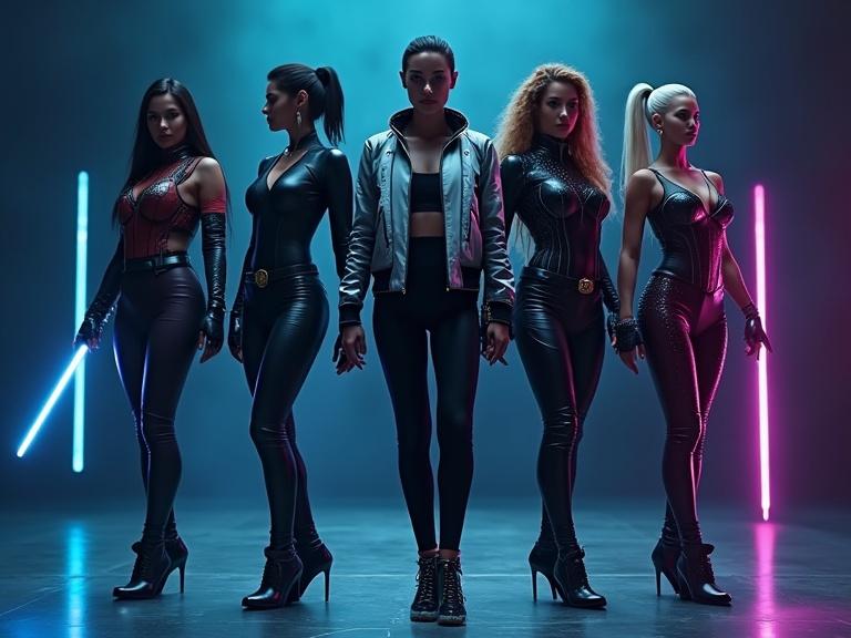 Cinematic image of five female superheroes in sleek sci-fi outfits. Each woman styled distinctively with modern attire and futuristic accessories. One wields a glowing blue sword. Another holds a glowing disk. A third possesses a light purple wand. The fourth carries a silver energy gun while the last brandishes metallic blades. Textures and shadows highlighted in a dark atmosphere with blue, white, and purple lighting.