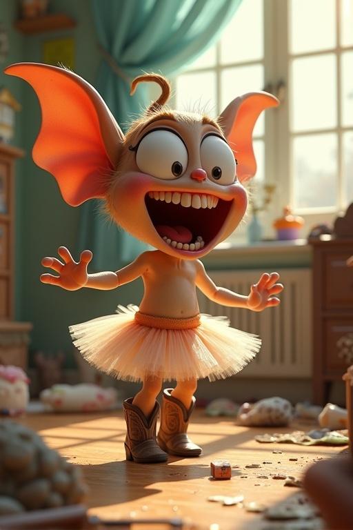 A hyperrealistic 3D cartoon creature with oversized eyes and huge ears dances in a messy bedroom wearing a tutu and cowboy boots. The creature giggles widely with chaotic joy, showcasing exaggerated cartoon style and stylized bloom effects.