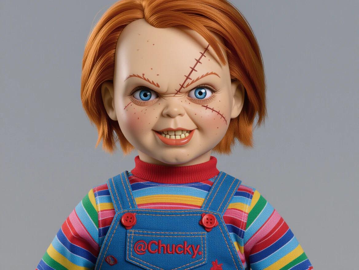 Ultra-realistic evil doll inspired by Child’s Play movie. Male character with round face and light plastic skin. Features visible freckles and no makeup. Angry thick eyebrows and blue eyes. A stitched scar above the right eyebrow. Displays mischievous smirk with sharp teeth. Short messy red-orange hair. Wears colorful striped shirt and blue denim overalls with red buttons and '@Chucky.' embroidery. Hands are small, slightly dirty. Villain expression and creepy but playful tone.