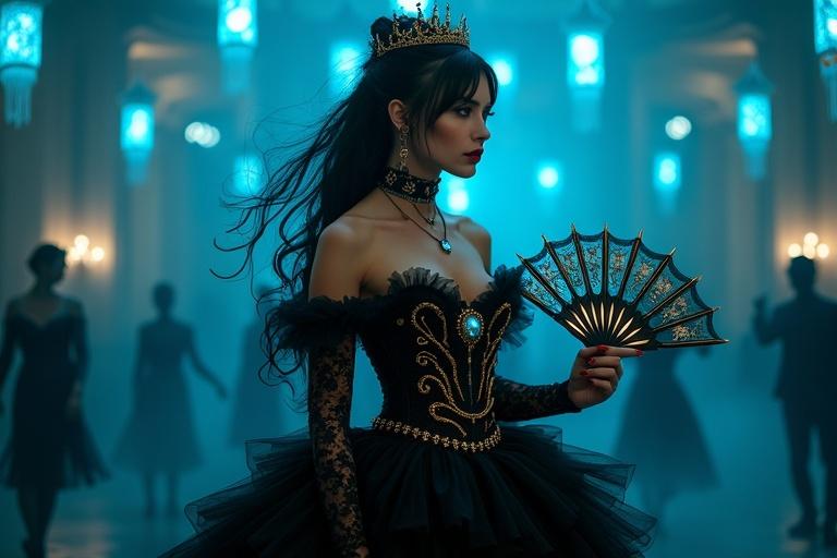 Gothic steampunk duchess in a Victorian ballroom. Surrounded by blue lanterns. Flowing raven-black hair and crimson eyes. Black lace gown with golden details. Choker with glowing blue gemstone. Holding a mechanical fan. Shadowy figures dancing in the background. Darkly enchanting scene.