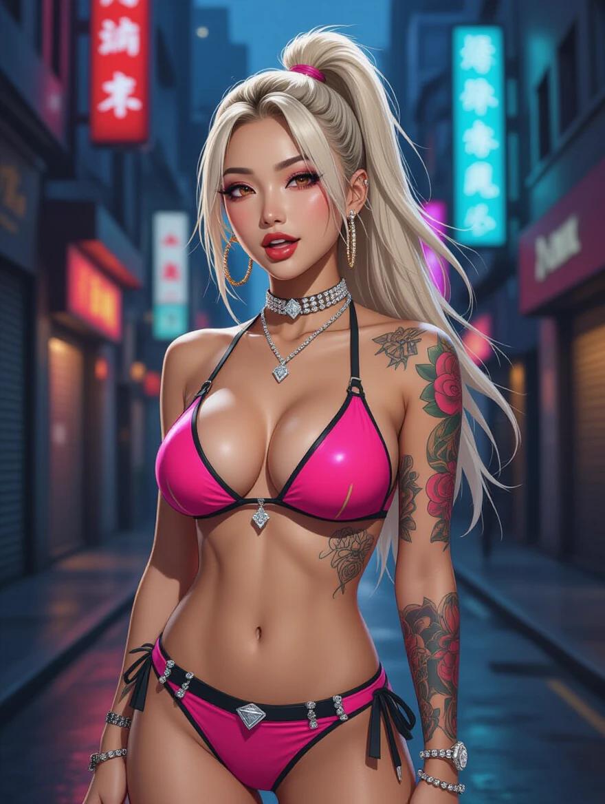 A cyberpunk model poses on a narrow city street at night. The model wears a bright pink bikini and has dramatic makeup. The model has tattoos, diamond jewelry, and a high blonde ponytail. The environment features neon lights and displays, creating an edgy atmosphere. The model appears excited and is turned slightly to the side, with her mouth half-open. The image is illustrated in a comic style.