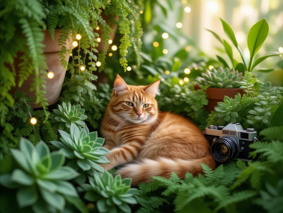 Ginger cat nestled among houseplants and succulents. Substantial greenery surrounds the cat like a waterfall. Soft bokeh created by fairy lights. Vintage film camera placed nearby. Colors in muted earth tones with sage green and dusty rose. Lighting resembles golden hour. The style is dreamy and impressionistic. The scene shows cozy maximalist chaos.