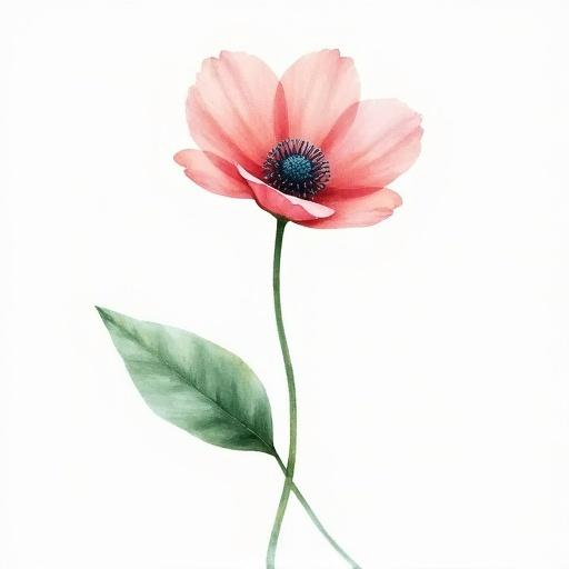 Watercolor artwork featuring a pink flower with a dark center on a single stem. One green leaf attached. Background is blank and centered.