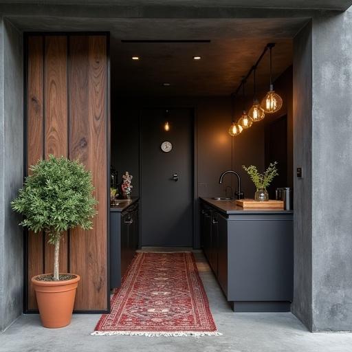 Sleek modern-industrial kitchen entrance with a 10-inch drop-down partition. Raw materials and functional artistry blend together. Iron and wood hybrid design features slim iron beams and walnut planks. Decorative elements include recessed niches for plants and copper tools. Pendant lamps provide warm illumination. Neutral color palette with deep slate walls and a vintage Persian runner. Highlights include terracotta pots and a minimalist clock.