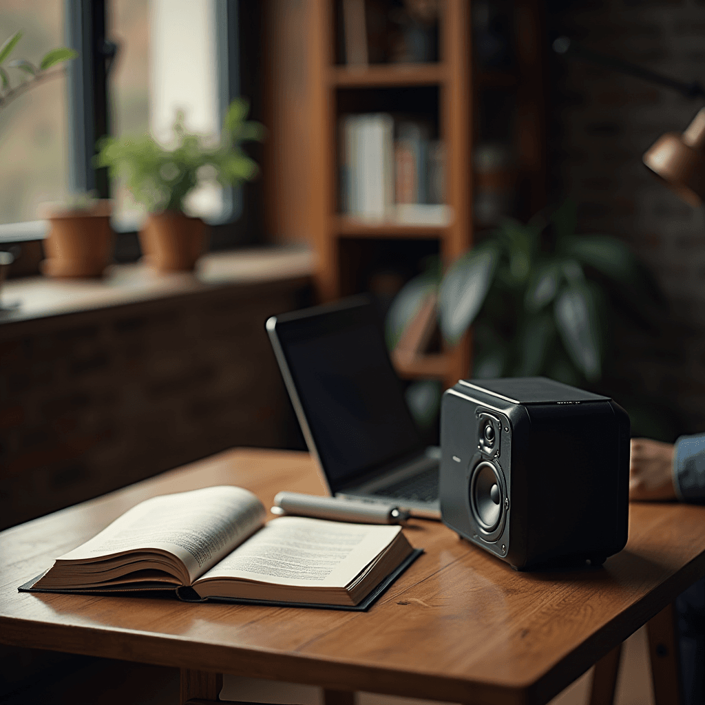 A cozy home workspace featuring an open book, laptop, speaker, and potted plants by a window.