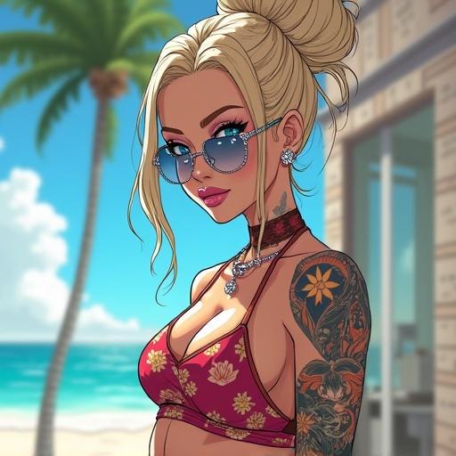Anime character with shoulder length light blonde hair and blue eyes, wearing streetwear and sunglasses, showcasing tattoos, in a luxurious store setting.