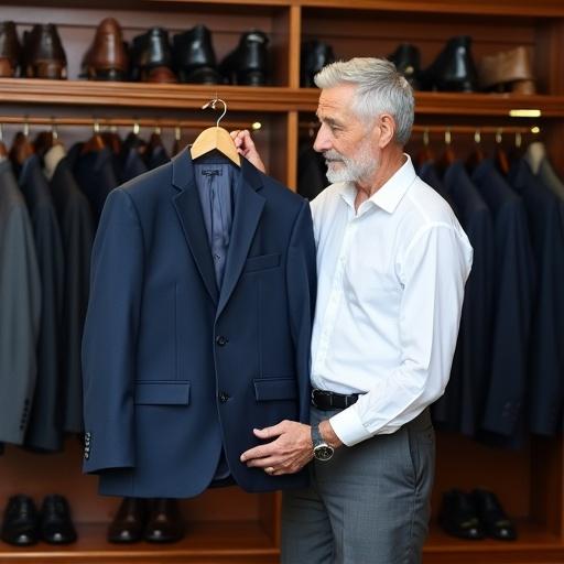 Distinguished gentleman in a menswear store holds a navy wool sport coat on a hanger. He wears a crisp white shirt and charcoal trousers. Behind him, quality suits hang on wooden fixtures with polished leather shoes below. Store has warm lighting and classic displays.