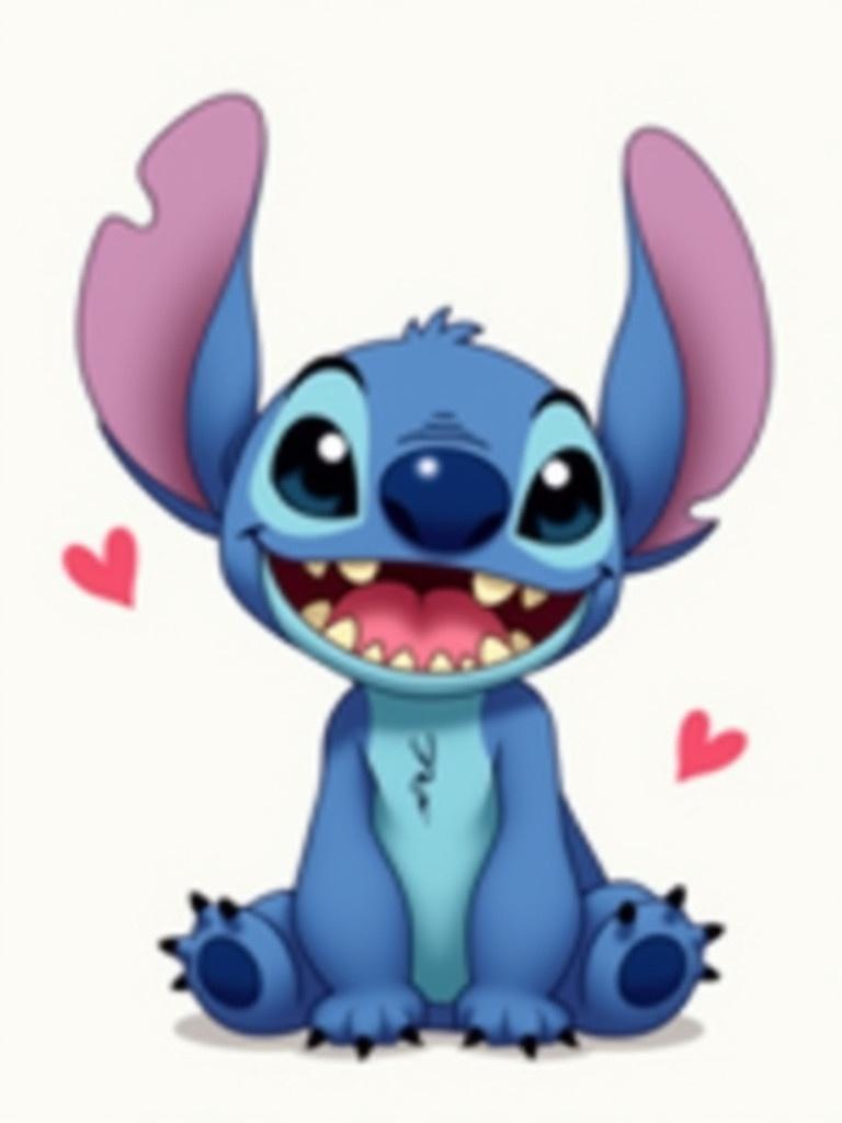 Cute blue alien character named Stitch with big ears and joyful expression. Stitch is sitting down with wide smile. Heart drawn nearby expressing affection.