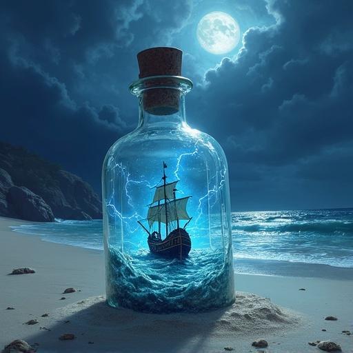 Digital painting features a broken glass bottle half-submerged in pale sand with a faint ethereal blue glow. Intricate runes are etched into the glass. Inside, a detailed miniature pirate ship with tattered sails navigates a swirling, phosphorescent ocean with blue lightning. A stormy sky and moonlit beach create a captivating visual narrative.
