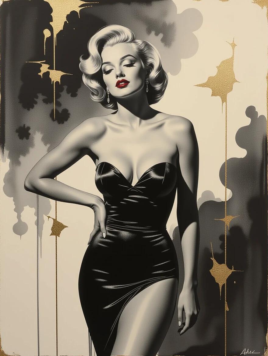 Elegant silhouette of a woman in a black fitted dress. Artwork combines minimalist themes and conceptual styles. Matisse influence evident in the design. Features hints of gold and distressed texture on a weathered parchment background. The subject embodies confidence and allure with a dreamlike quality.