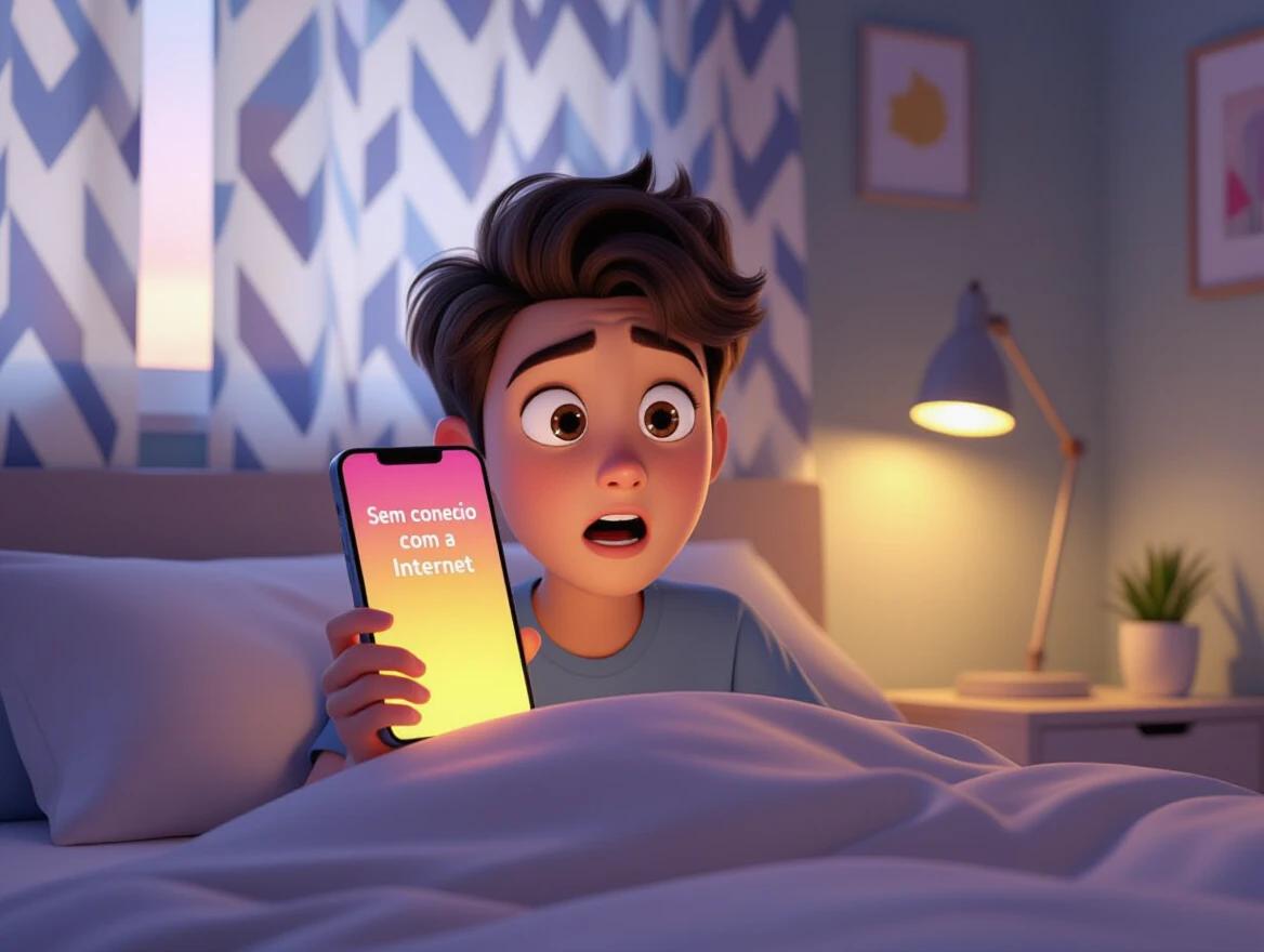 A young person sits upright in bed showing surprise. The bedroom is vibrant and modern. The character holds a smartphone displaying a message in Portuguese about internet connectivity issues. Morning light filters through curtains creating a warm glow around the scene. The camera is positioned over the character's shoulder, focusing on the smartphone and character's expression.