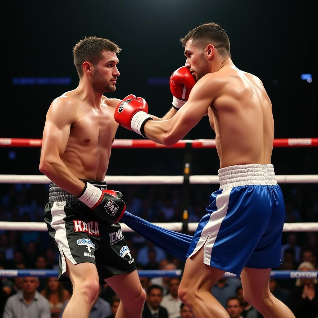 Two boxers compete in a boxing ring. One boxer throws a jab while the other responds. The first boxer slips the jab, pivots, and pulls the pants down of the opposing boxer.