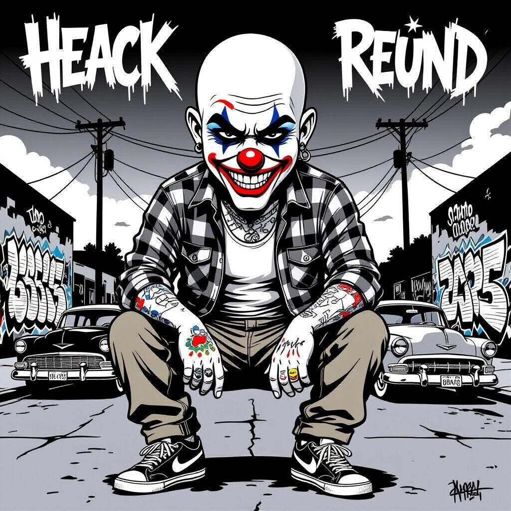Black and white illustration of a bald Chicano clown. Serious expression with furrowed eyebrows. Wearing plaid flannel shirt and white tank top. Baggy khaki pants and Nike Cortez sneakers. Tattoos with Old English lettering. Urban barrio background with graffiti and lowriders. Symmetrical vector style with rough lines.