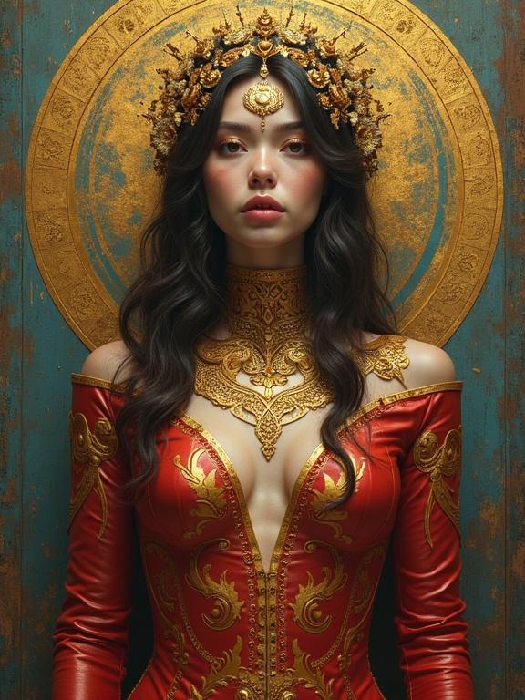 A woman in a stunning red gown with intricate gold designs and a lavish golden crown. She possesses long, wavy black hair and is positioned against a textured turquoise background. Her pose is regal and captivating, showcasing cultural artistry and elegance.