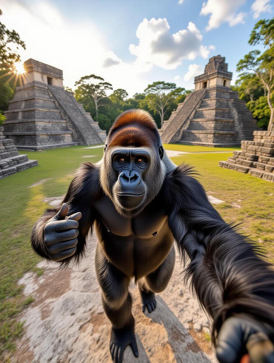 Image shows a large gorilla taking a selfie in a Mayan archaeological site at sunset. The gorilla has white fur and holds the camera at arm's length. It walks towards the camera, gesturing thoughtfully towards a stone pyramid. The background features lush tropical forests and Mayan pyramids with moss. Sounds of exotic birds and gentle breezes are present.