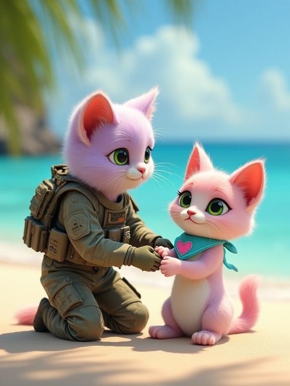 A soldier kneels on a tropical beach. The soldier wears tactical gear. A fluffy kitten has pastel pink and lavender fur. The kitten has large green eyes and a blue bandana with a stitched heart. The kitten places its paws in the soldier's hands. The setting feels heartwarming and relief. The style is Pixar-like.