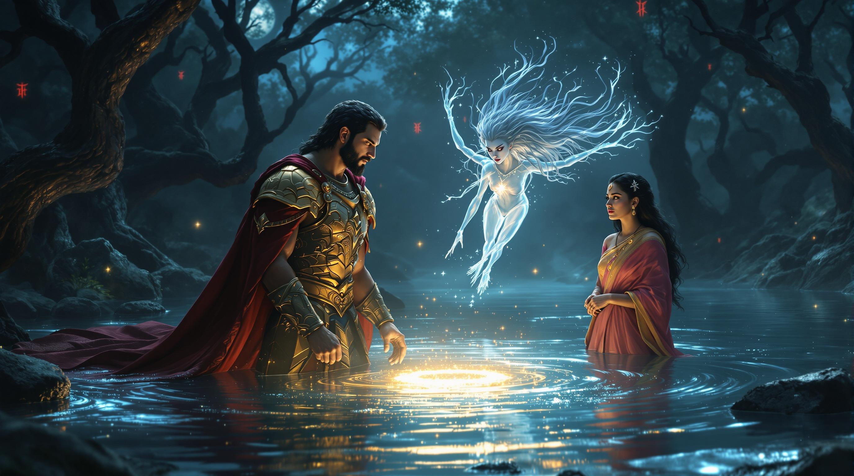 Ultra HD scene of King Rudrasen retrieving glowing mystical necklace from lake. Crimson velvet cape removed. Golden armor shines in eerie light. Ripples and tension fill the air. Queen Mriganjali watches, concern and trust in her eyes. Lake Spirit hovers above. Twisted trees with red symbols set the ambiance. Suspenseful and triumphant atmosphere.