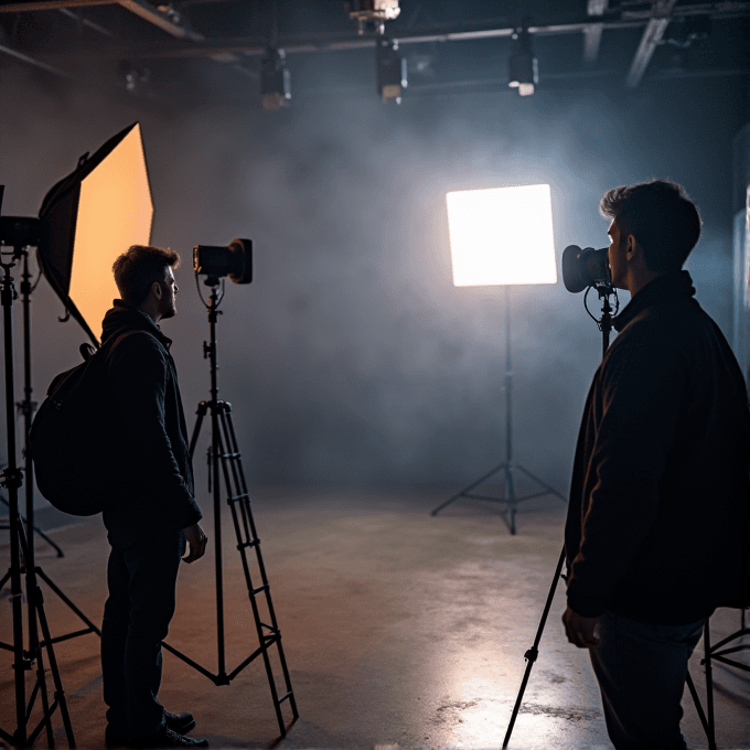 Two men are in a dimly lit studio with bright lights and cameras on tripods.