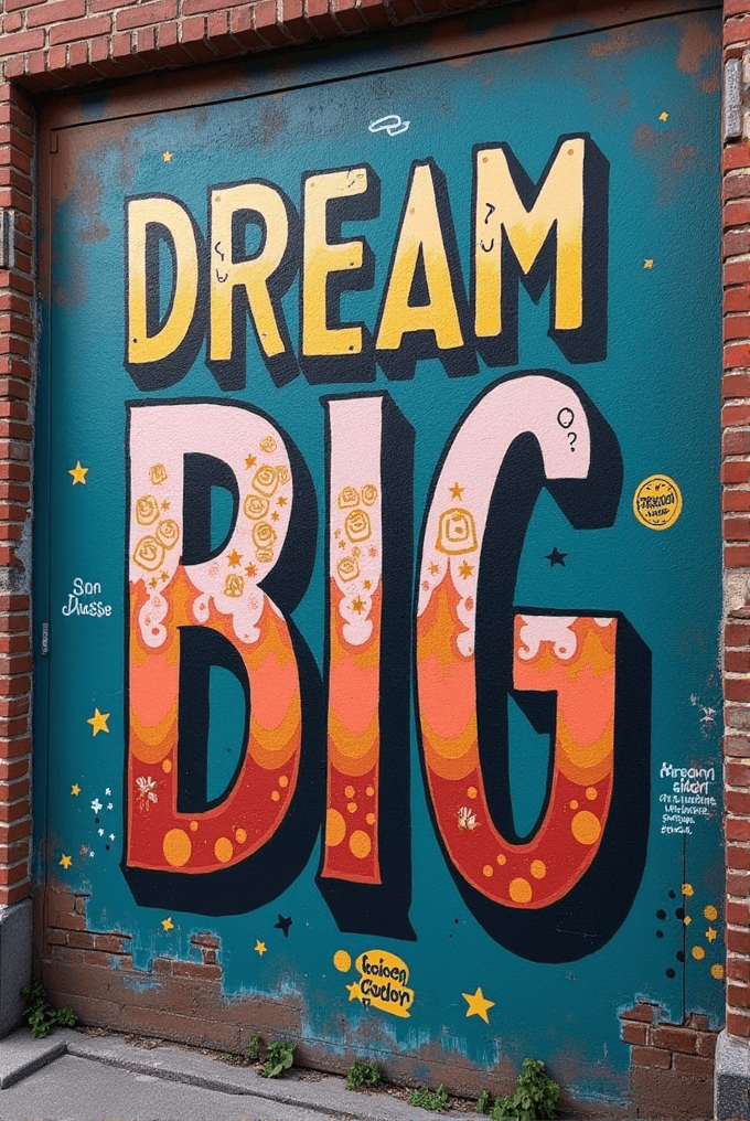 A colorful mural on a brick wall with the words 'Dream Big' and star decorations.