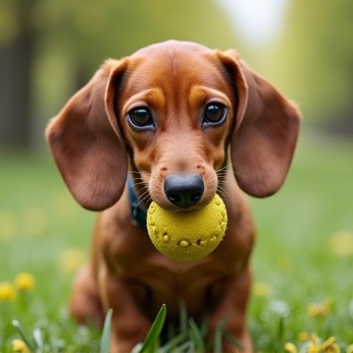 Dachshund is playing with a yellow toy ball in its mouth. The setting is a grassy area with yellow flowers. Focus is on the dog.
