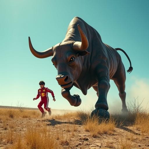 Hyper-realistic cinematic scene with deep blue sky and vast grassy plains. Massive rusted iron bull sculpture charges forward. In foreground, Yuki Tsunoda in Red Bull Racing suit runs away, showing fear. Behind him, the bull looms menacingly. Max Verstappen watches, smirking. Tense atmosphere like thriller movie. Bird's-eye view, long shadows across earth.