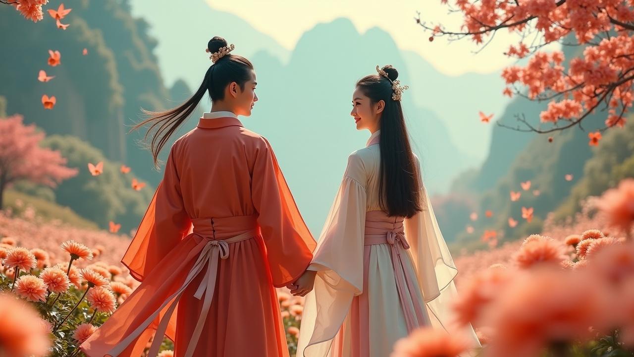 The image depicts a couple in traditional Chinese attire standing in a vibrant flower field. They are facing each other, sharing a moment of connection amidst blooming flowers. Soft sunlight bathes the scene, enhancing the romantic atmosphere. Butterflies flutter around, adding to the idyllic nature of the setting. The landscape features rolling hills in the background, further accentuating the scene's beauty. Their garments are flowing gracefully, and the color palette is soft and inviting, evoking feelings of love and tranquility.