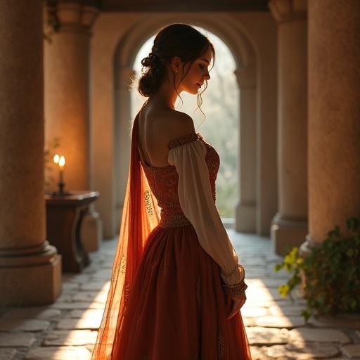 A graceful woman in a medieval fantasy setting. She has a curvy figure in a refined gown. The scene has soft, serene lighting and a captivating atmosphere. The surrounding is a rustic stone cottage or sunlit hall. Her hair is styled elegantly, enhancing the vintage look.