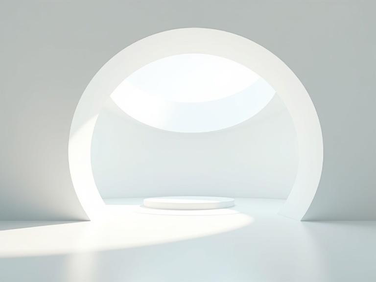 A large white interior space with a round dome ceiling. A smooth white floor reflects light from a circular skylight. A central tall organic-shaped platform stands in the middle of the space. The structure has curvy lines and a sleek finish. The environment is bright and airy with shadows cast from the dome. Ideal for showcasing modern design and architecture.