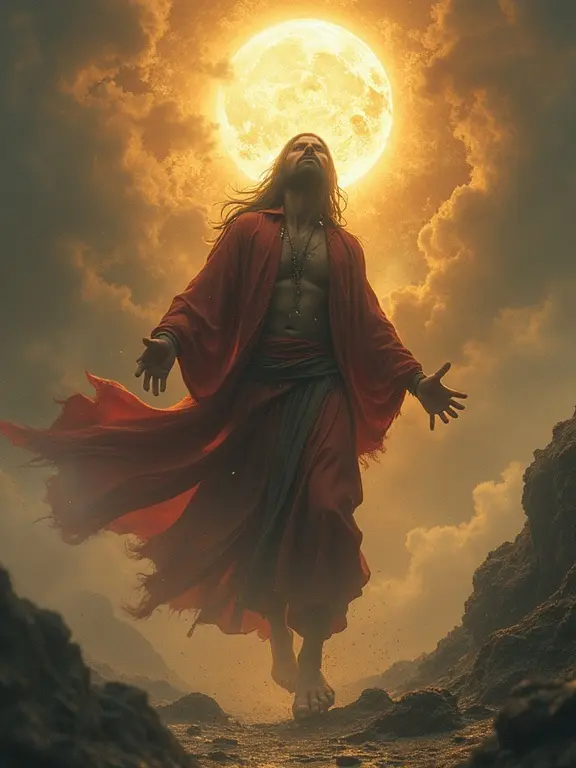 A deity walks away from suffering. The being wears a flowing red robe. A large glowing moon shines behind. Mood is meditative and transcendent. Rock landscape creates a dramatic scene. The atmosphere blends spirituality with nature.